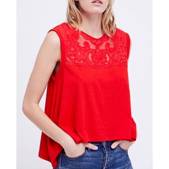 Free People Meant to Be Tee Linen Blend Red Lace Sleeveless Slub Oversized XS - Picture 1 of 10